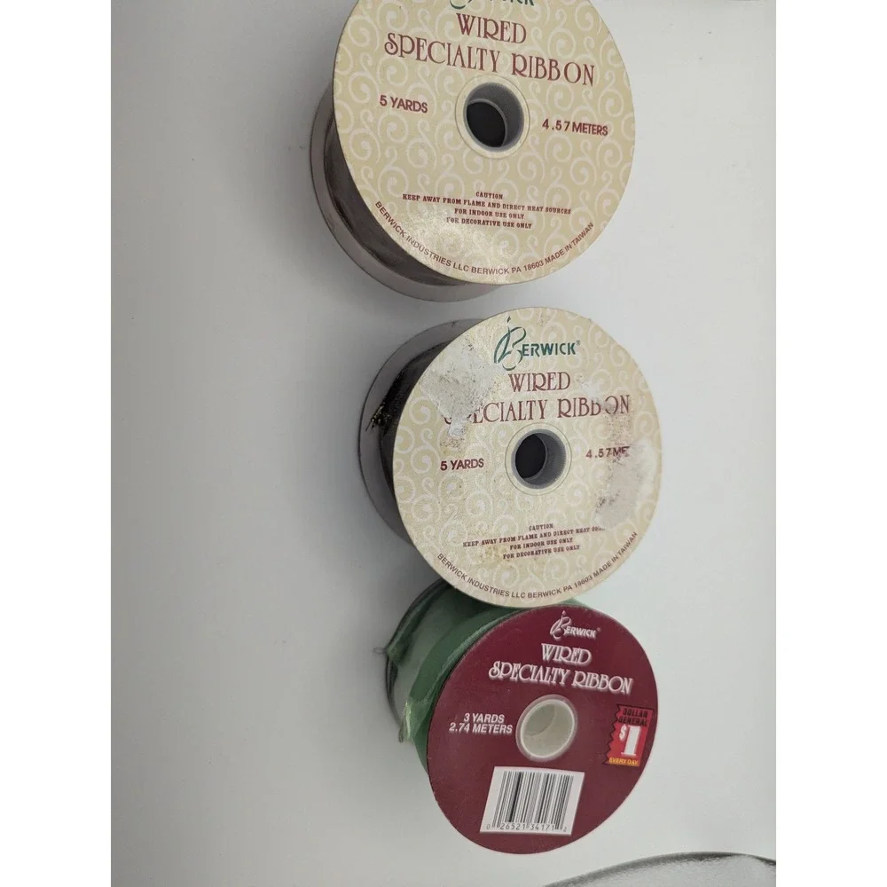 3 Vtg Berwick Wired Specialty‎ Ribbon Burgundy Gold Green Wired Craft Gift Wrap